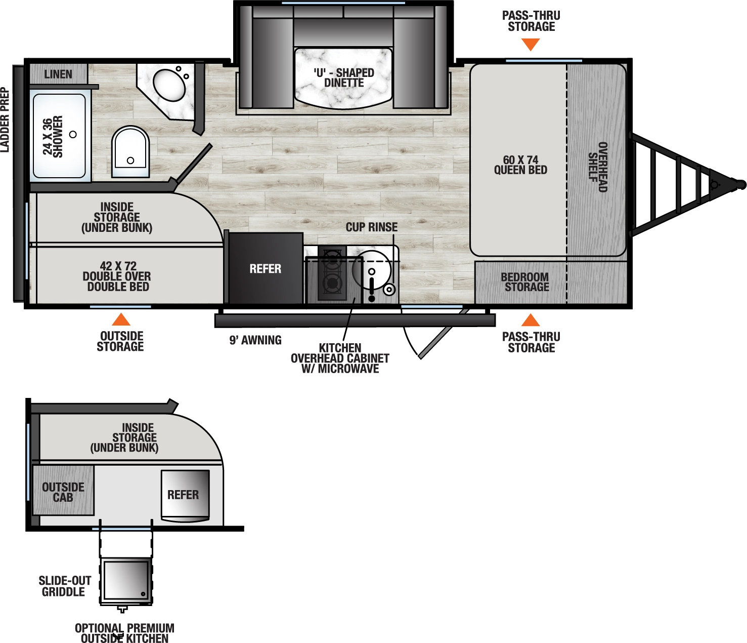 The Viking Travel Trailers 18DBS floorplan has one entry and one slide out. Exterior features include: metal exterior, 9' awning and outside kitchen. Interiors features include: bunk beds, u-dinette and front bedroom.